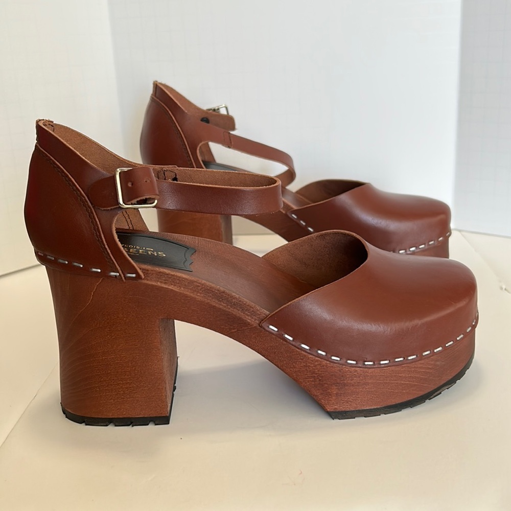 Swedish Hasbeens Inga Cognac Mary Jane flared heel leather Woodwn Clogs size 38